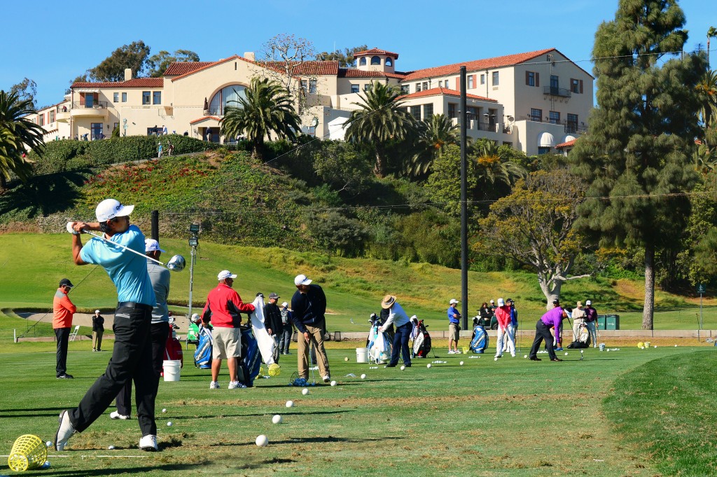 Pro golfers like James Hahn of Oakland (far left) took their first swings on the historic course off Capri Drive during Monday’s Northern Trust Open practice rounds. The tournament begins today and, weather permitting, will conclude Sunday at Riviera Country Club.  Rich Schmitt/Staff Photographer  