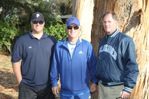 Palisades High athletic director John Achen (left) and assistant principal Russ Howard (right) were there to congratulate tennis coach Bud Kling after his 1,000th career win last Friday. Photo: Steve Galluzzo