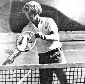 This photo, scanned from the 1980 Palisades High Yearbook, shows Bud Kling measuring the height of the net with a racquet. 