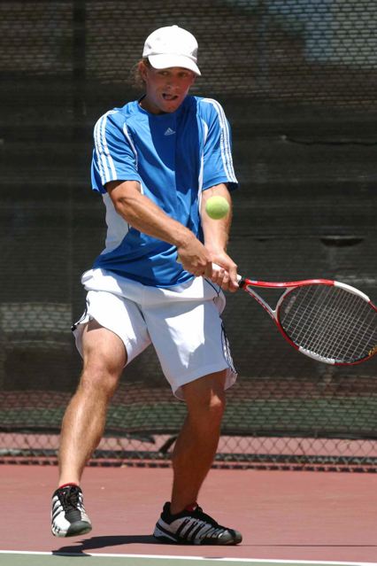 Michael Light lines up a backhand at the City Individual doubles tournament. He and Sepehr Safii finished third out of 32 teams.
