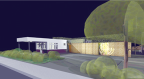 This computer-generated rendering shows the proposed plan for preservation and adaptive reuse of Canyon Service Station. The station will be brought back to its 1924 state, and a small annex will be added behind the station. The concrete site wall will be constructed of recycled concrete already on the property. Photo: Courtesy Scott Prentice Architects