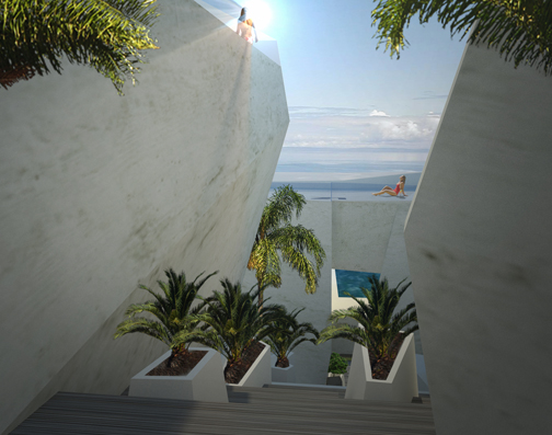 This rendering of the Sunset Canyon apartment complex shows a view of the Canyon Trail that will divide the three terraced buildings on the hillside below Sunset Boulevard and above Pacific Coast Highway. The trail will also act as a stormwater runoff collector. Photo courtesy of Victoria Coaloa