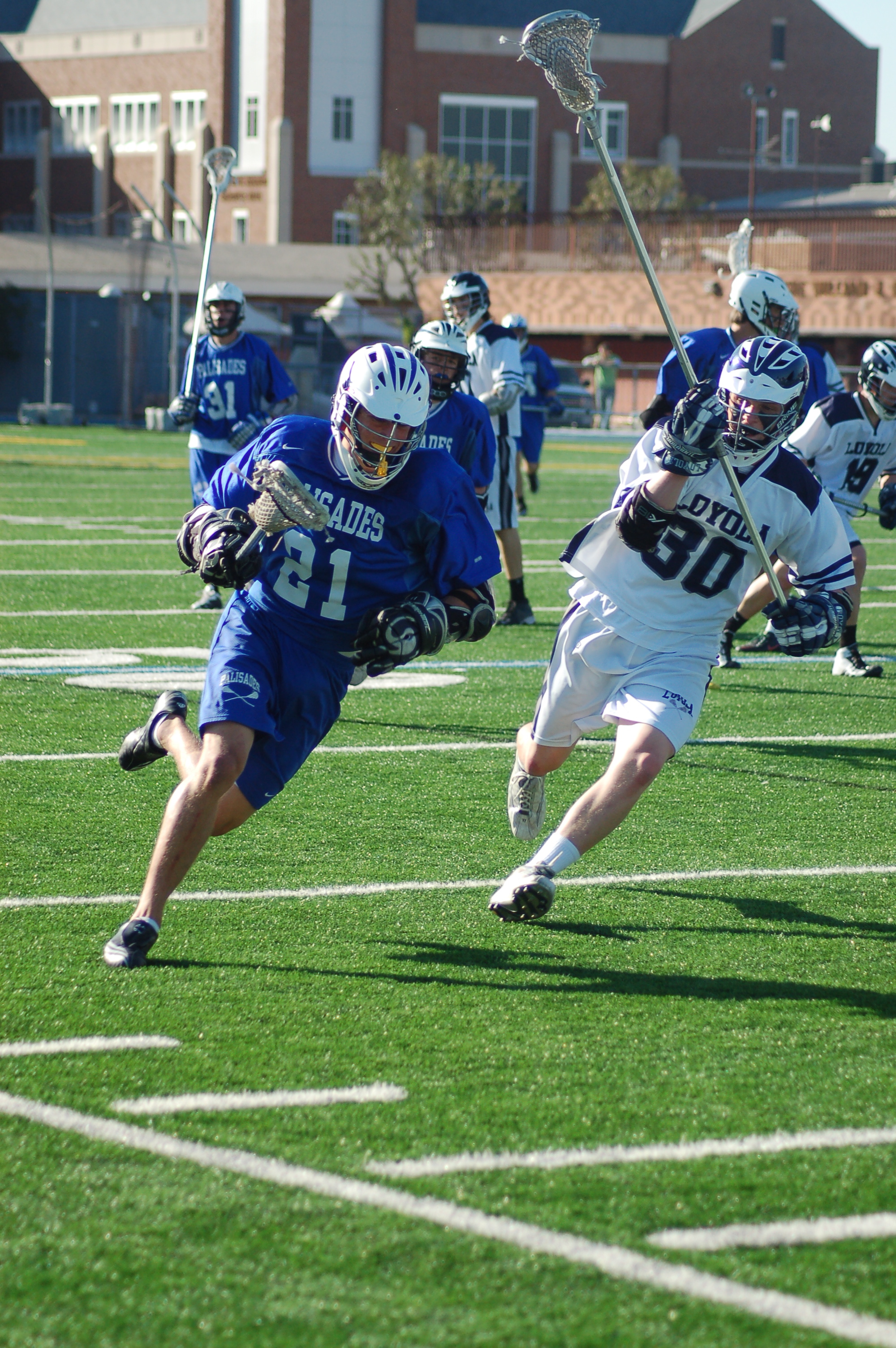 Palisades High lacrosse captain Eric Rosen (left) fends off a Loyola defender during the Dolphins' 11-8 loss Saturday. Photo: Jared Rosen