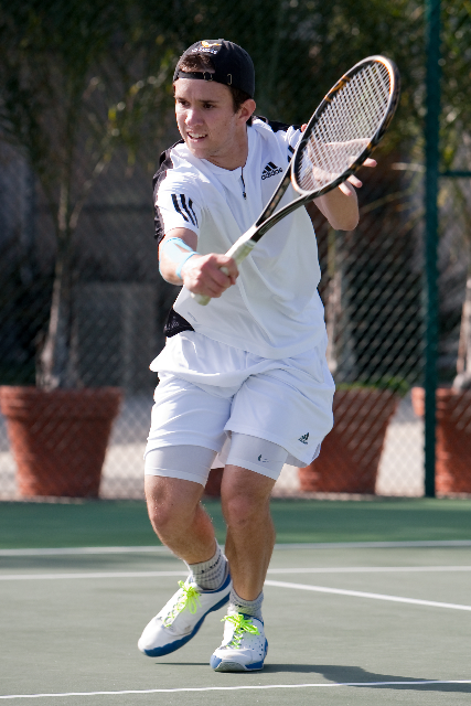 Walker Kehrer hits a backhand volley. He and doubles partner Daniel McCall reached the finals of the high school division at the Ojai Tournament. Photo: Kaye Kittrell