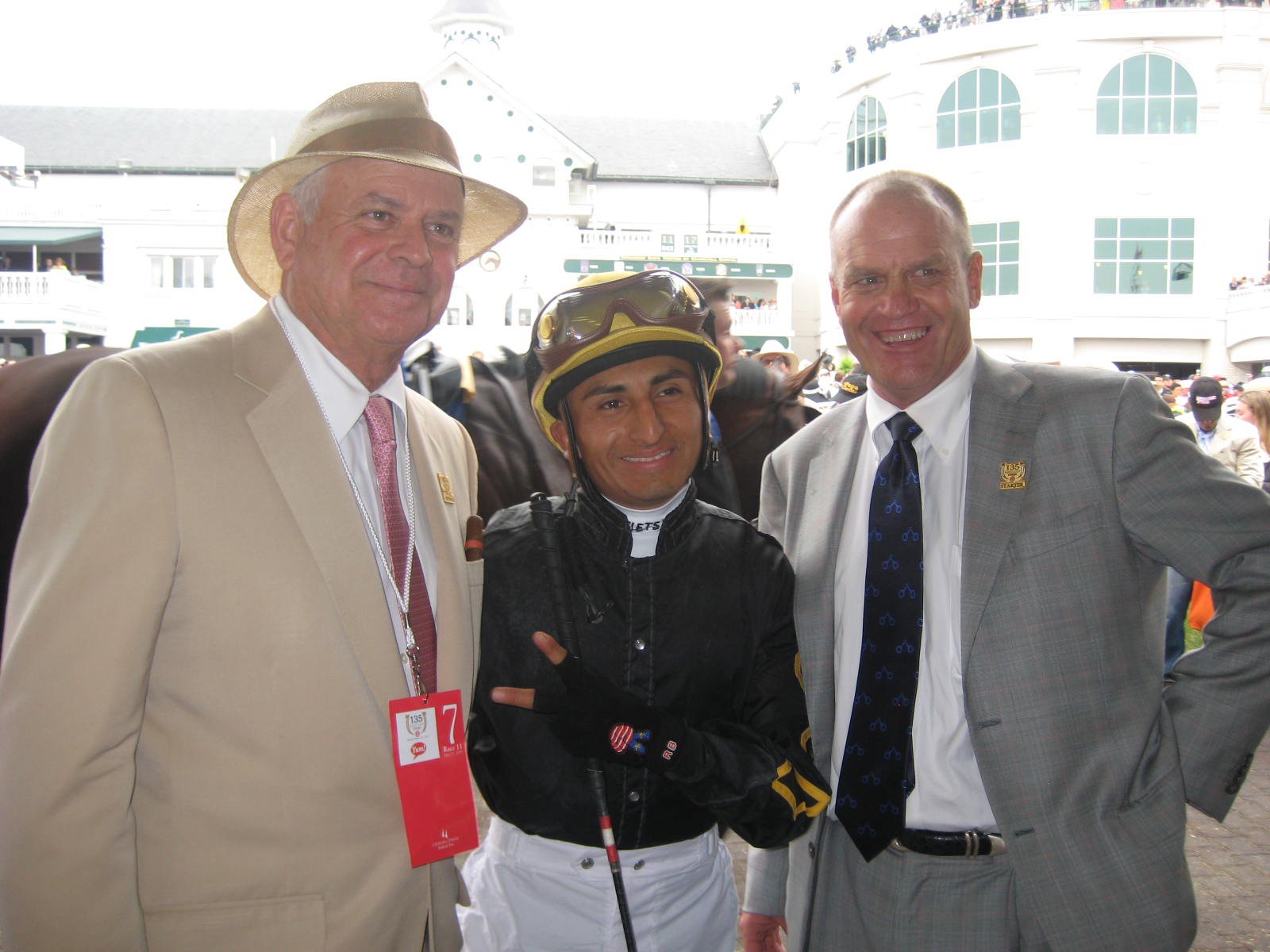 Owner Bo Hirsch (at left) with Papa Clem's jockey Rafael Bejarano and trainer Gary Stute before last Saturday's 135th Kentucky Derby. Photo courtesy of Candy Hirsch