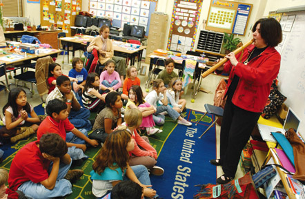 Flute maker Stephen DeRuby was chosen by the Lakota Sioux to learn the art of flute making and crafted this bear flute that Kostelas plays to teacher Dina Aish's Palisades Elementary fourth grade class.  This is Kostelas' core group of flutes that she uses for personal musical vision quests, workshops and concerts. She has more than 100 different flutes from all parts of the world.