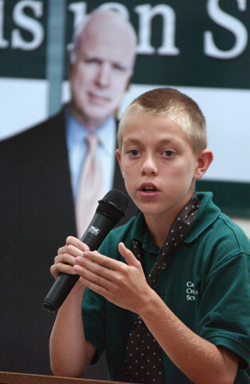 Seventh-grader Tommy Collins was the first of the tag-team John McCains who fielded questions about what he would do if he were elected president.