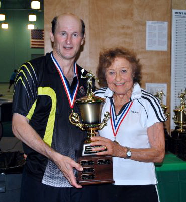 Lee Calvert (right) and mixed doubles partner Imre Bereknyei after winning their division at the U.S. Open Badminton Championships in Orange County.
