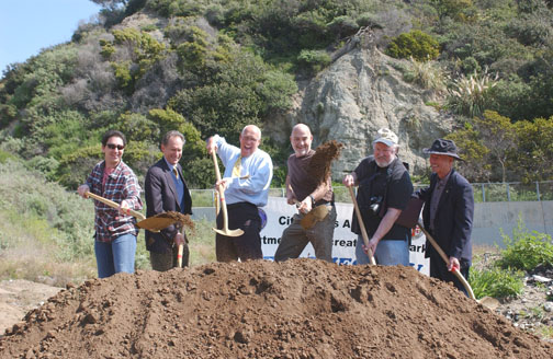 Left to right: Palisadian Ron Weber, Norman Kulla (Councilman Bill Rosendahl's senior deputy), Rosendahl and Palisades activists Stuart Muller, David Card and George Wolfberg take the first shovelful of dirt last Thursday to mark the resumption of construction to complete the infill of Potrero Canyon and build a public park from the Palisades Recreation Center down to PCH.