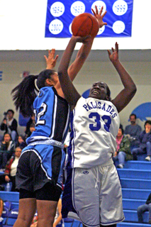 Palisades center Donae Moguel (right) tries to shoot over Carson's Janitha Iamaleava in the Colts' 49-42 victory in last Friday's championship game.