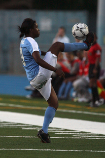 Forward Danesha Adams, show trapping a high ball, scored the Blues' first goal late in the first half of Monday 2-0 victory.