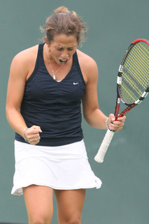 Georgia Tech sophomore Irina Falconi is pumped after winning a point on her way to the Women's All-American Singles crown last Sunday at Riviera Tennis Club.