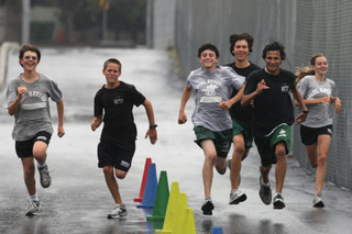 Paul Revere runners (from left) Ben Fuligni, Anthony Teitlebaum, Zach Teiger, Jared Stevens, Soren O'hanian and McKenzie Gray go all-out for record times in the school