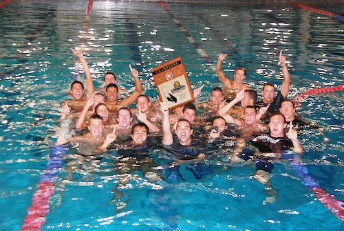 The Loyola High swim team parties in the pool after winning the CIF finals on May 13.