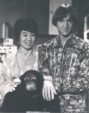 A kimono-clad Tanegashima on the set of the wacky TV show 