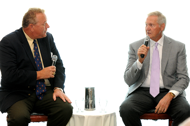 Lakers Hall-of-Fame guard Jerry West, right, answers a question by moderator Sam Lagana during last Friday's annual Chamber Breakfast at Riviera Country Club. Rich Schmitt/Staff Photographer