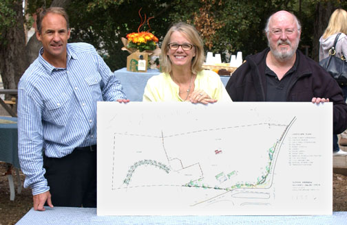 Palisades-Malibu YMCA board chair Robert Lowe, Jr. (left), longtime Y supporter Cindy Simon and landscape designer David Card discuss the proposal for beautifying Simon Meadow. Rich Schmitt/Staff Photographer