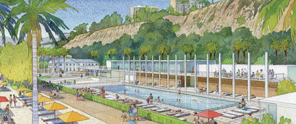 The Annenberg Community Beach House, located at 415 PCH, will open in April and have amenities such as the swimming pool shown here, a garden, a playground and volleyball and tennis courts.