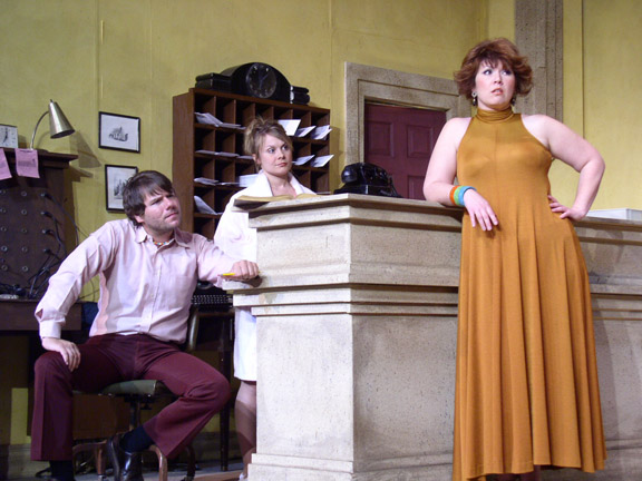 Cast members Stephen Peirick, Story Cunningham and Amy Barber feel right at home in lobby of Hot L Baltimore, finely rendered by set designer Michael McGee. Photo: Sean Spence