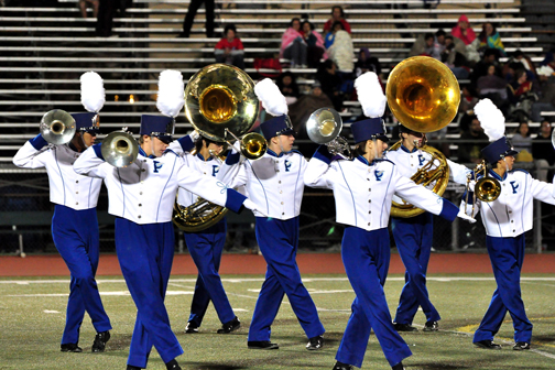 Members of the Palisades High band demonstrate the skills that helped them win the Highlander Marching Band Competition in Granada Hills. Photo: Mark Galasso