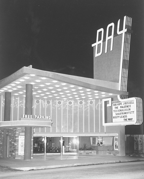 The Bay Theatre's marquee in 1949 features the Frank Tashlin-scripted comedy 