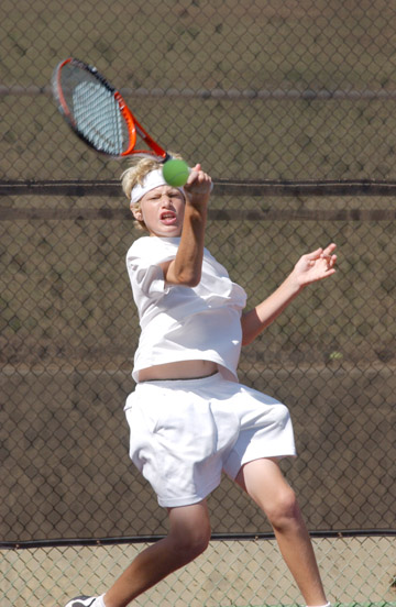 Blake Anthony rips a topspin forehand. He was one of six boys from the Palisades Tennis Center to play in the Boys 12s division at the Fullerton Tournament.