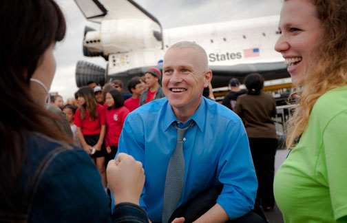 11th City Council District Candidate Mike Bonin speaks to spectators during the shuttle Endeavor's journey to the California Science Center in October.