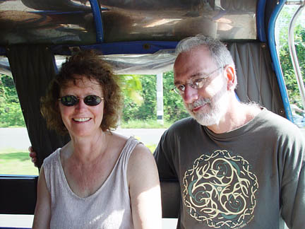 Janet and Bruce Brodie in a tuk-tuk in southern Thailand on their December 2002 trip through Southeast Asia. Janet's story about their adventures appears on Page 3 in the Travel Tales supplement.