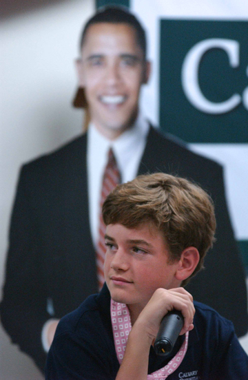 Calvary Christian School sixth grader Cameron Sheldon was one of the nine students who portrayed Barack Obama in a mock debate with John McCain.