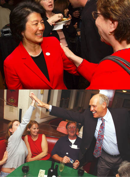 Top: Flora Krisiloff stayed up until 4 a.m. election night thanking supporters at her party at the Radisson Hotel in Westchester. Above, Bill Rosendahl celebrated the campaign results at Jerry's Famous Deli in Marina del Rey.