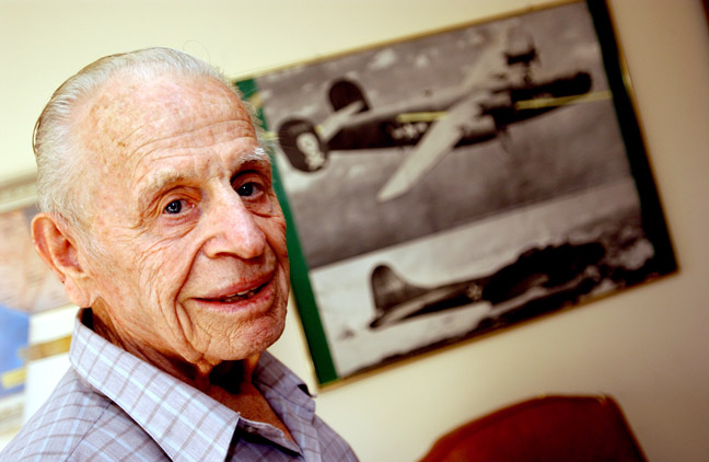 Former Jolly Rogers tail-gunner Cliff Carlson at home in Pacific Palisades.