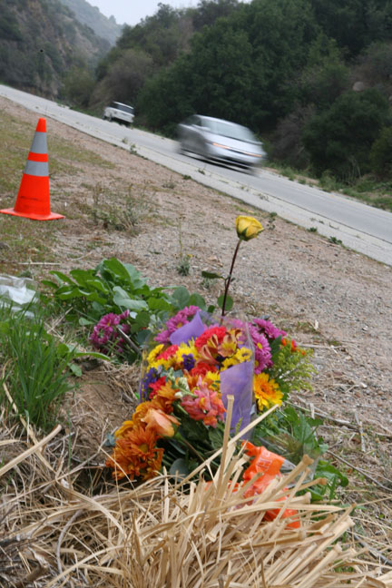 A memorial was created Monday for Travis DeZarn, 18, at the site where he died in a car crash on Palisades Drive in the Highlands on Saturday night.