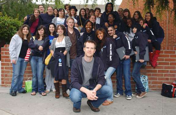 Josh Elson, the Palisades High choir director, posed with his students moments before boarding a bus to the San Francisco area to perform at several venues over Memorial Day weekend.