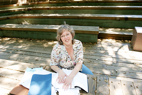 Playwright in residence Jennie Webb reviews scripts for the Botanicum Seedlings series, a development series for playwrights at the Will Geer Theatricum Botanicum in Topanga Canyon. Photo: Gayle Goodrich