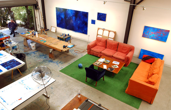 Peter Alexander has a spacious, light-filled studio in Santa Monica. The large-scale blue painting at left, unfinished in this photo, will be featured in his new exhibition.