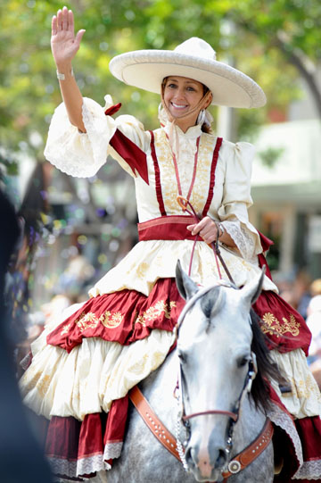 This rider is a member of the Charros San Gabriel, an equestrian group that wears authentic custom-made suits and dresses that feature hand embroidery. They ride on hand-made saddles and have won many first-place trophies in parades throughout the state.