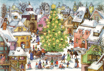 The Christmas tree has been decorated and lighted with candles in the town square in this advent calendar from Sigrid Hofer's collection.