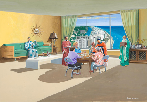 Artist Bruce McCall merges ancient Chinese culture with mid-20th century Jewish Miami Beach culture in this illustration commissioned for the exhibit's accompanying book, 