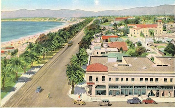 Ocean Avenue in the 1920s. Now lined with palm trees, the street was originally filled with eucalyptus trees planted by J. W. Scott, developer of the Arcadia Hotel (now Loews Hotel), and cypresses. When the grid for Santa Monica was laid out, Ocean Avenue was the spine of the new city.   Photo Courtesy of the Santa Monica Land & Water Company Archives