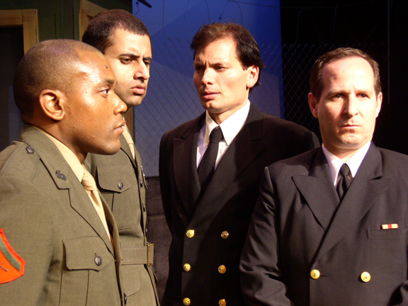 (left to right) David Shackelford as Lance Cpl. Harold W. Dawson, Vinny Brar as Pfc. Louden Downey, Rico Simonini as Lt. j.g. Daniel A. Kaffee and Peter Karlin as Lt. j.g. Sam Weinberg in A Few Good Men that is playing weekends at Pierson Playhouse through July 15.