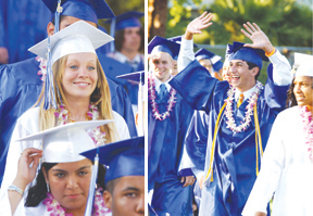 At left, Dana D'Arcy's hopeful smile reflects the mood of many grads. At right, Jason Weintraub rejoices on graduation day.