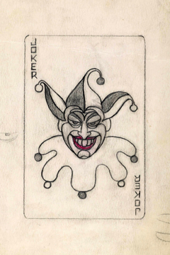 Robinson's original 1940 conceptual sketch of The Joker, with a touch of red color pencil on the lips to denote clown's makeup.     Collection of Jerry Robinson.