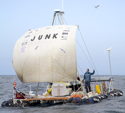 Dr. Marcus Eriksen traveled from Long Beach to Hawaii on this boat, named the Junk, which is made entirely of recycled materials. Photo: Courtesy the Algalita Foundation