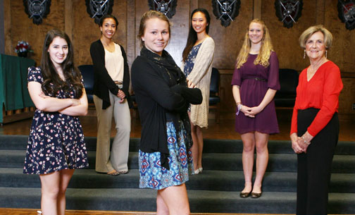 Left to right, California Girls State delegates this summer will include Juliana Bond, Sierra Wiley, Natalie Gigg (first alternate), Eunice Lee and Cambria Lagana, joined by Vi Walquist of the Legion Post 283 Auxiliary. Rich Schmitt/Staff Photographer