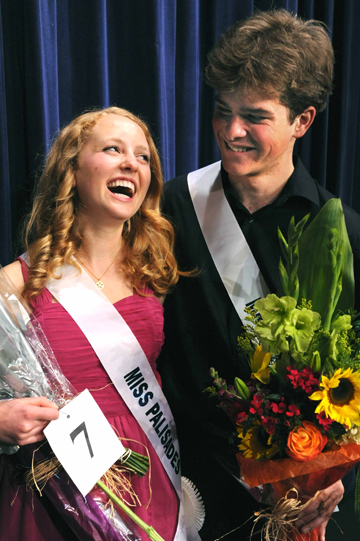 Harvard-Westlake juniors Courtney Kelly and Kevin Schwarzwald are jubilant after winning the Chamber of Commerce's annual Teen Contest at Pierson Playhouse last Wednesday evening.