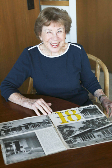Palisadian Frances Nathanson shows off her original copy of Arts & Architecture dating from February 1948. The magazine is open to the page describing her own house, Case Study #18, designed by Rodney Walker.