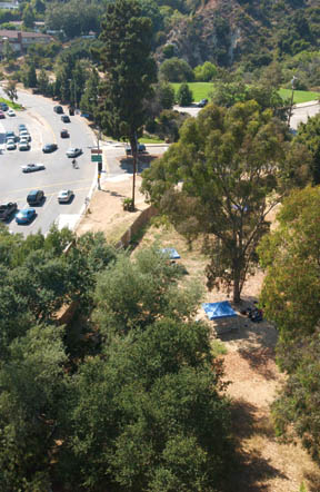 This aerial view looking west along Sunset shows the YMCA Pumpkin Patch and Christmas Tree lot at the entrance to Temescal Gateway Park.