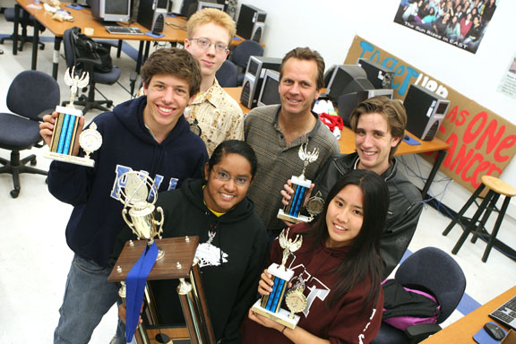 Five Palisades Charter High School students won the Canon Envirothon state contest outside Kings Canyon. Back row (left to right): Ethan Larson, teacher Steve Engelmann and Trevor Cline. Front row: Matthew Correia, Ana Escalante and Shion An.