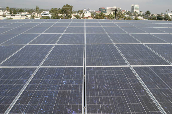 A close-up view of the hundreds of photo-voltaic cells that produce as much as 30 percent of the electricity used by the Phelps Group, one of the largest and oldest independent marketing communications agencies on the West Coast. Clients include the City of Hope, Direct-TV, Dunn-Edwards Paints, Los Angeles Orthopaedic Hospital, Malaysia Airlines, Tahiti Tourisme and Panasonic. Photo: Courtesy of the Phelps Group.