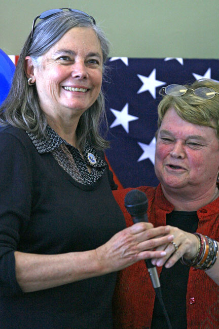 At a recent Democratic gathering in Santa Monica, Fran Pavley, left, shares a warm moment with Sheila Kuehl, whose state Senate district she hopes to represent for the next four years.